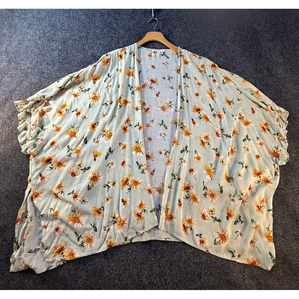 Maurices Kimono Womens One Size Sage Green Floral Ruffle Sleeve Open Front Rayon